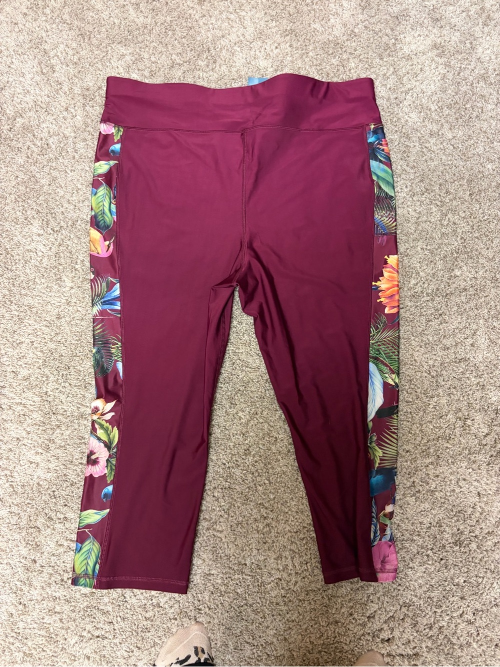 Cacique Burgundy Swim Cover Capri Leggings with Floral Side Panels